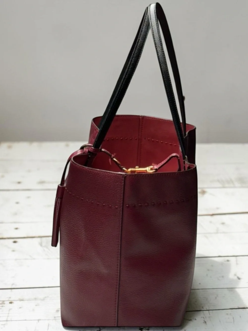 Tory Burch McGraw Leather Tote- Wine Red with Black Handles - Picture 5 of 15